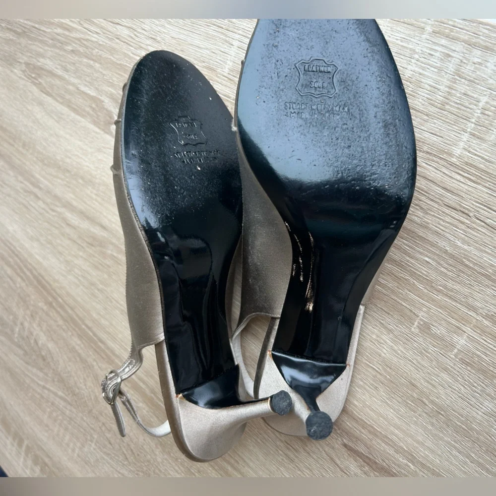 Stuart Weitzman Metallic Champagne Peep-Toe Slingback Heels with Crystal Heart - Picture 6 of 6